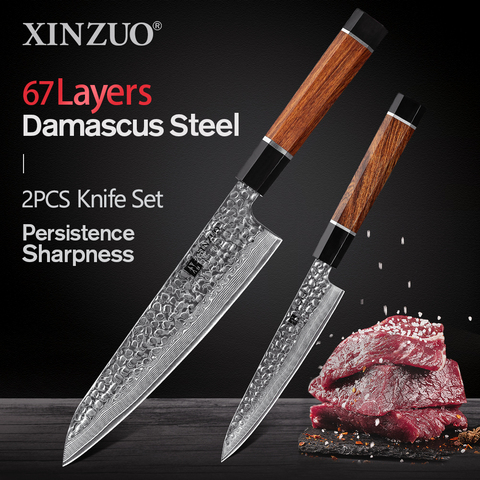 2022 New XINZUO Japanese High Carbon VG10 Damascus Steel 2PCS Knives Sets North America Desert Ironwood Handle Kitchen Knives ► Photo 1/6