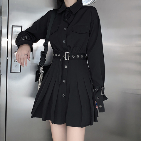 Lucyever Gothic Women Shirt Dress Plus Size Elegant Belt Black Pleated Mini Dress Spring Sexy High Waist Club Party Vestidos ► Photo 1/6