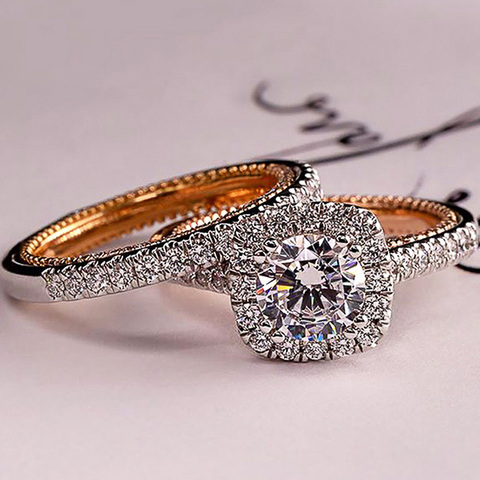 Huitan Luxury Engagement Rings for Women 2Pcs/Set Shiny Cubic Zircon Novel Design Two Tone Elegant Female Jewelry Rings Dropship ► Photo 1/3