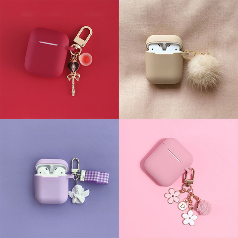 Vintage Mink hair ball Keychain Silicone Earphone Case For Apple Airpods 1 2 Bluetooth Headset Cover Cute Angel Flower Decor ► Photo 1/6