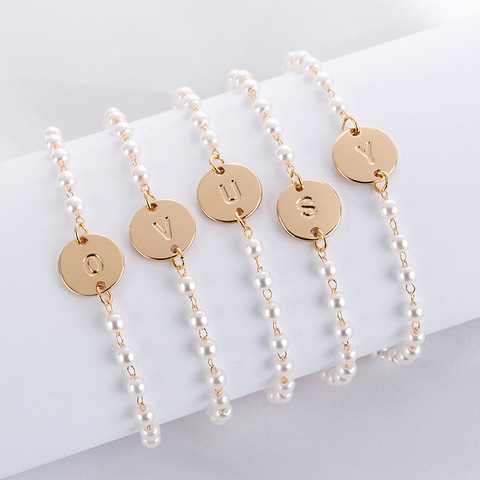 Simple DIY Bracelets Dainty Golden 26 Letter Dainty Bracelet Minimal Friendship Pearl Round Jewelry 2022 Newest Design ► Photo 1/6