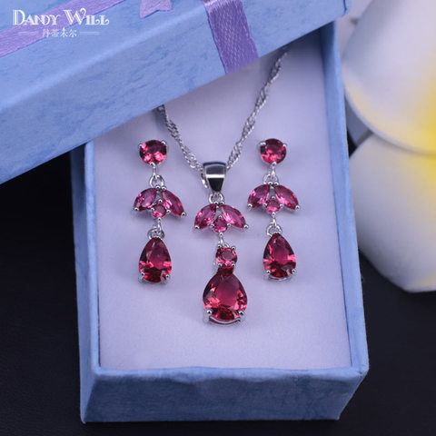 jewelry set for women  silver color necklace earring set bridal jewelry pear cut rose red crystal jewelry set party gift ► Photo 1/6
