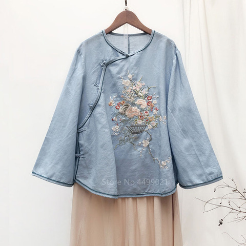 Traditional Women Chinese Style Linen Chiffon Top Shirt Blouse Vintage Retro Ethnic Fairy Embroidery Tai Chi Kimono Casual Hanfu ► Photo 1/6