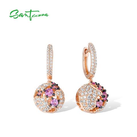 SANTUZZA Silver Drop Earrings For Women Pure 925 Sterling Silver Shiny Created Pink Sapphire White CZ Round серьги Fine Jewelry ► Photo 1/6