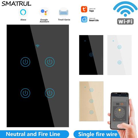 SMATRUL Tuya Smart WiFi Wall Touch Light Switch App 1/2/3/4 Gang No Neutral Wire US Voice Glass Timer Google Home Alexa 220V ► Photo 1/6