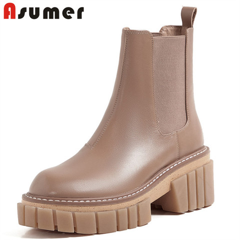 ASUMER 2022 top quality genuine leather shoes women ankle boots round toe autumn winter fashion square heel platform shoes woman ► Photo 1/6