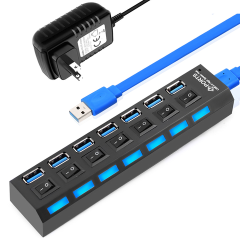 USB 3.0 HUB Splitter 7 Ports with On/Off Switches High Speed 5Gbps Micro  Multiple USB Port Expander for PC Computer 