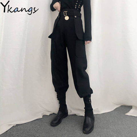 With Belt Button Pockets Slim Cargo Pants Women High Waist Vintage Harajuku Streetwear Harem Pants Gothic Qualities Pants Female ► Photo 1/6