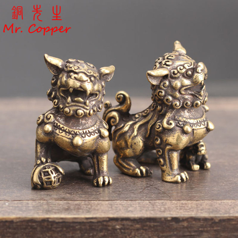 1Pair Pure Copper Lucky Lion King Figurines Miniatures Desk Ornaments Antique Bronze Chinese Animals Statue Home Feng Shui Decor ► Photo 1/6