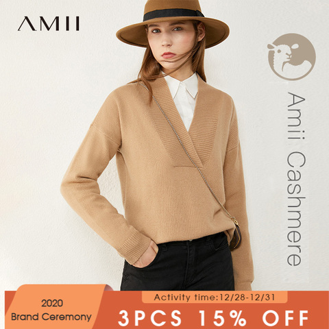 Amii Minimalism Autumn Winter Women's sweater Fashion  Solid Wool&Cashmere 100% Thick Vneck Sweaters For Women Tops 12060090 ► Photo 1/5