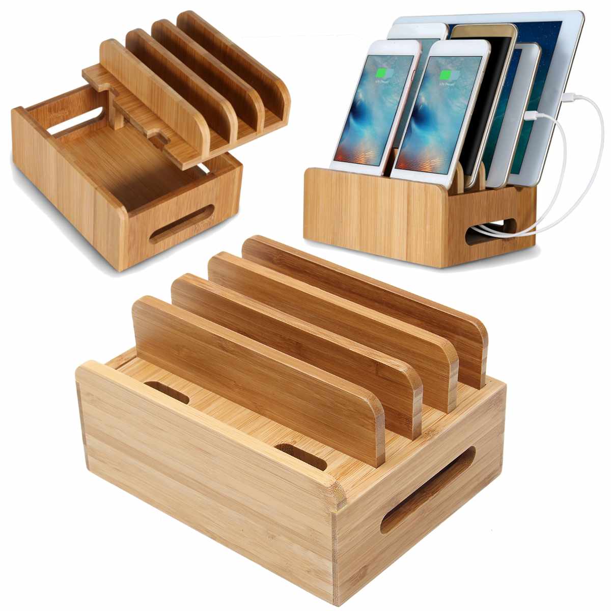 Bamboo Charging Station Dock Desktop Docking Station Multi Devices Cords Cable Organizer for iPhone 12 iPhone 12 Pro iPhone11 Pro Max XS XR X Max Samsung S10 iPad Charger Not Included