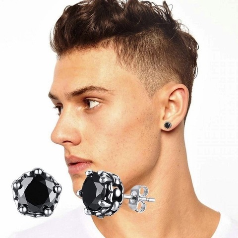 Stainless Steel Black Round Stud Earrings for Men Black Zircon Jewelry ► Photo 1/6