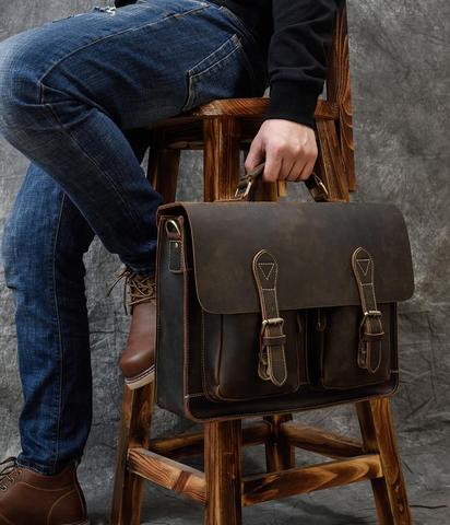 Vintage Men Briefcase Crazy Horse Genuine Leather Man Male Laptop Handbag Large Shoulder Messenger Portfolio Bag Business Case ► Photo 1/6