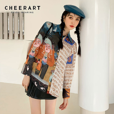 CHEERART Designer Patchwork Long Sleeve Shirt Women Top And Blouse Chiffon Button Up Collar Shirt Letter Print Fashion Top ► Photo 1/6