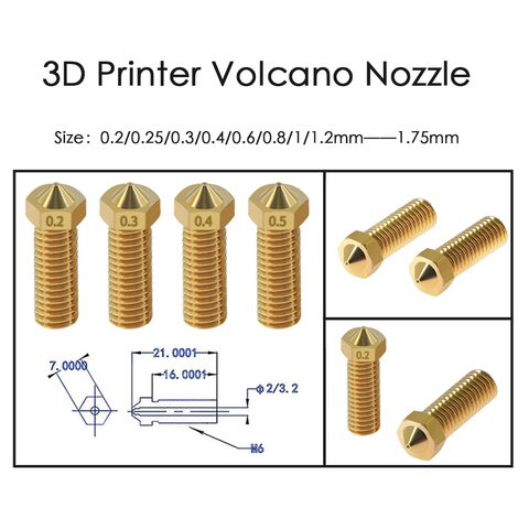 10Pcs 3D Printer Volcano Nozzle 0.2-1mm For 1.75mm High Flow Big Caliber Lengthen Copper nozzle Crater Volcano mouth ► Photo 1/1