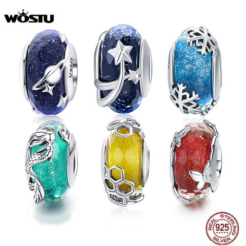 WOSTU 2022 New 925 Sterling Silver Blue Insterstellar Glass Beads Charms Fit Women Unique Bracelet & Bangle Jewelry Gift CQC1284 ► Photo 1/6