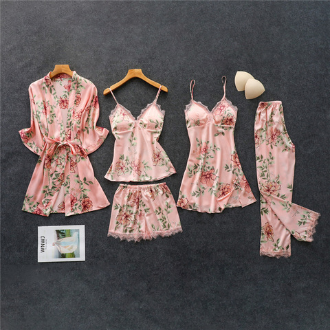 Pink Pajamas Sets Womens 5PC Strap Top Pants Sleepwear Suit Spring Autumn Home Wear Nightwear Kimono Robe Bath Gown M-XXL ► Photo 1/6