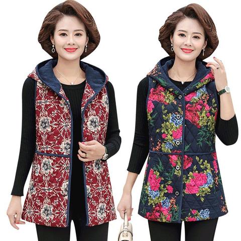 Winter vest women Hooded print Cotton Padded Lightweight Vest for Women Quilted Gilet with Zip Pockets Plus size 5XL ► Photo 1/6