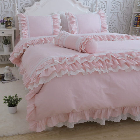 Amazing luxury bedding set pink queen lace ruffle lace duvet cover bedspread bedskirt princess bed linen pillow case HM-010P ► Photo 1/5
