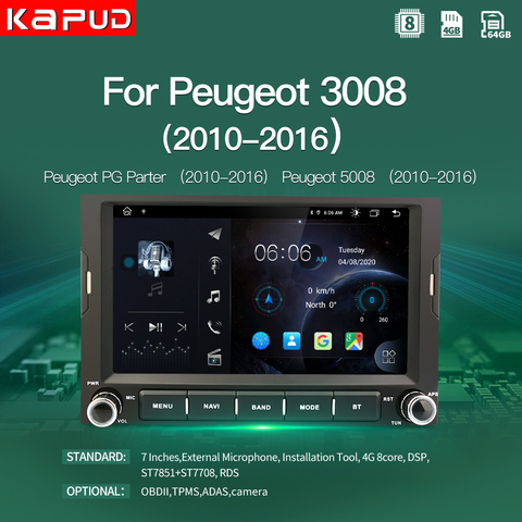 Kapud 7'' GPS Car Multimedia Video Player Android 10 For Peugeot 3008/Peugeot Pg Parter/Peugeot 5008/Citroen Berlingo 2010-2016 ► Photo 1/6