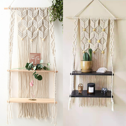 Hand-Woven Macrame Hanging Planter Basket Wooden Shelves Bohemian Style 1/2 Layers Rack Wall Hanging Tapestry Home Room Decor ► Photo 1/6