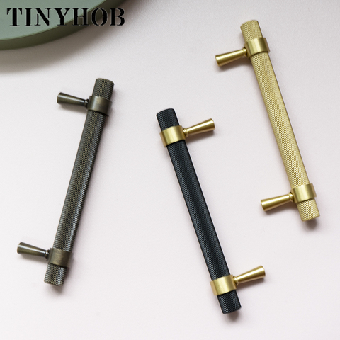 Customize Longer Size Gold/Black Knurled/Textured Kitchen Handles Drawer Pulls Bedroom Knobs Solid Brass T Bar Cabinet Hardware ► Photo 1/6