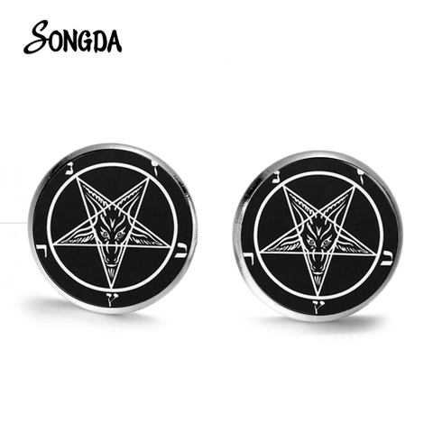 Punk Gothic Inverted Pentagram Earrings 2022 Satanism Red Goat Head Patterns Glass Round Ear Studs for Men Women Jewelry ► Photo 1/6