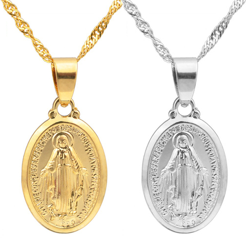 Anniyo Virgin Mary Pendant Necklace for Women,Silver Color/Gold Color Our Lady Jewelry Wholesale Colar Cross Trendy Chain#006210 ► Photo 1/6
