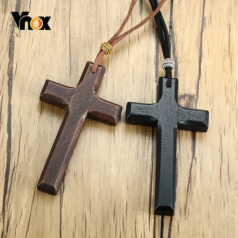 Vnox Mens Woman Wood Cross Crucifix Pendant Necklaces Christian Jewelry with 90cm Rope Cord Chain ► Photo 1/6