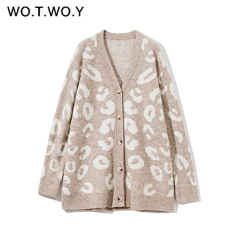 WOTWOY Autumn Winter V-Neck Knitted Cardigans Women Single Breasted Printed Loose Sweaters Female Casual Cardigans Soft Knitwear ► Photo 1/6