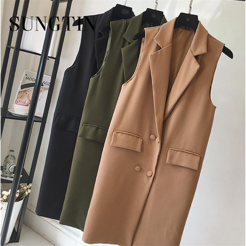 Sungtin Casual Blazer Women Vest Office Lady Long Suit Vest Spring Autumn Female Pockets Waistcoat Sleeveless Jackets Plus Size ► Photo 1/6