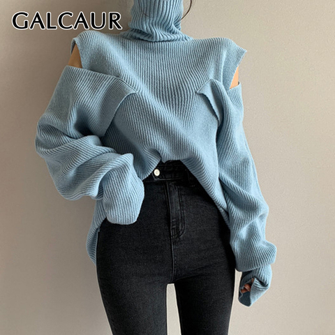 GALCAUR Asymmetric Sweater For Women Turtleneck Lantern Long Sleeve Off Shouder Patchwork Knitted Sweaters Female 2022 New Tide ► Photo 1/6