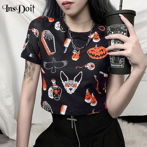 InsDoit Harajuku Gothic Tshirt Women Short Sleeve Print Crop Tops Bodycon Tees Punk Streetwear Tee Ladies Top Halloween T-Shirt ► Photo 1/6
