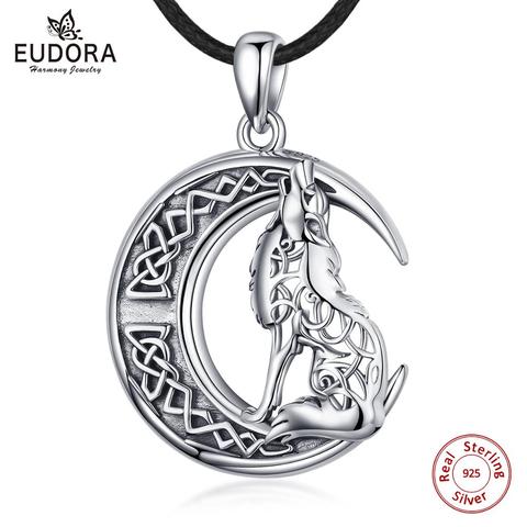 Eudora 925 Sterling sillver Wolf on the Moon Necklace Valknut Odin 's Symbol of Norse Viking Warriors Men'women Necklaces CYD554 ► Photo 1/6