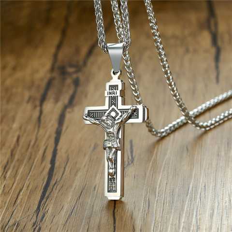 ZORCVENS Punk Vintage Silver Color Cross Necklace INRI Crucifix Jesus Piece Pendant in Stainless Steel Jewelry ► Photo 1/6