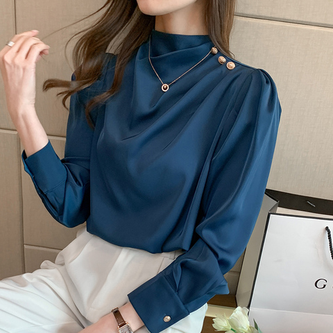2022 Summer Fall OL Women Satin Blouses Long Puff Sleeve Stand Metal Buttons Shirt Casual Turtleneck Solid Color Chiffon Tops ► Photo 1/6