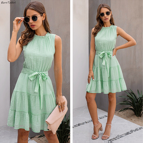 BornToGirl Woman Summer Dress 2022 Women's Casual Sleeveless Stand Neck Navy Blue Light Green Dress robe femme ► Photo 1/6