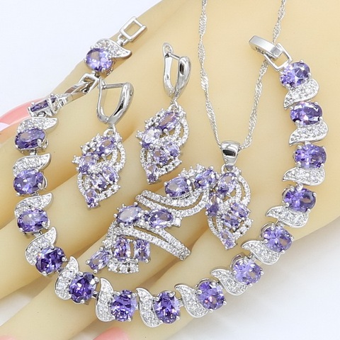 925 Silver Jewelry Sets for Women Wedding Purple Amethyst Necklace Pendant Earrings Ring Bracelet Gift Box ► Photo 1/6