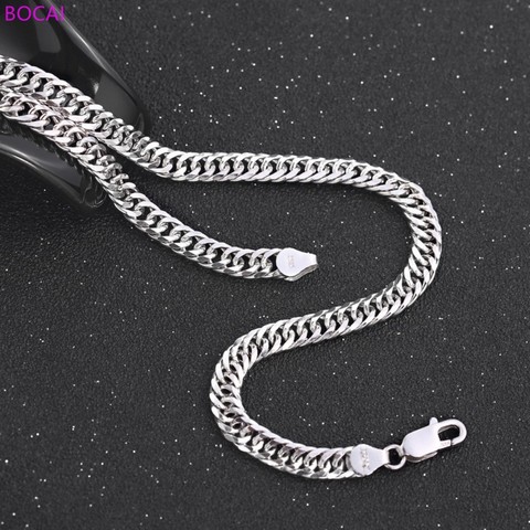 BOCAI s925 sterling Silver Men's necklace double button hip hop chain personality horsewhip chain wide Thai silver necklace ► Photo 1/6