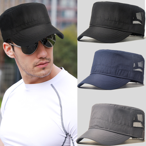 Large size mesh flat top caps adult summer outdoors causal army sun hat men big size polyester military cap 55-60cm 60-66cm ► Photo 1/6