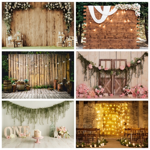 Laeacco Photo Background Old Wooden Wall Wedding Stage Party Flowers Wreath Candle Child Portrait Photo Backgrounds Photo Studio ► Photo 1/6