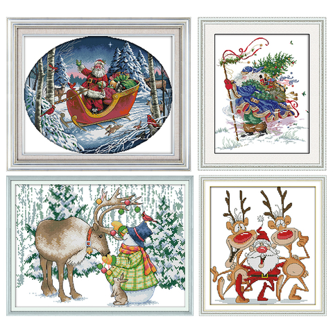 Joy Sunday Stamped Cross Stitch Kits Santa and The Reindeer Patterns 14CT 11CT Print Counted Handmade Embroidery Needlework Sets ► Photo 1/6