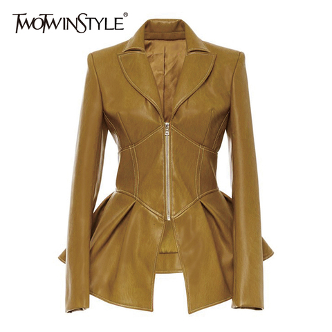 TWOTWINSTYLE Biker Style Patchwork Irregular Jacket Women Lapel Collar Long Sleeve High Wait Tunic Female Coat 2022 Fashion Tide ► Photo 1/6