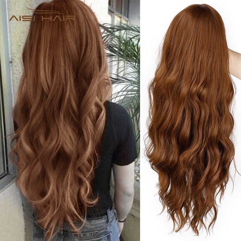 Long Mix Brown Womens Wigs with Bangs Water Wave Synthetic Wigs Heat Resistant Cosplay Pink Red Wigs for Women African American ► Photo 1/6