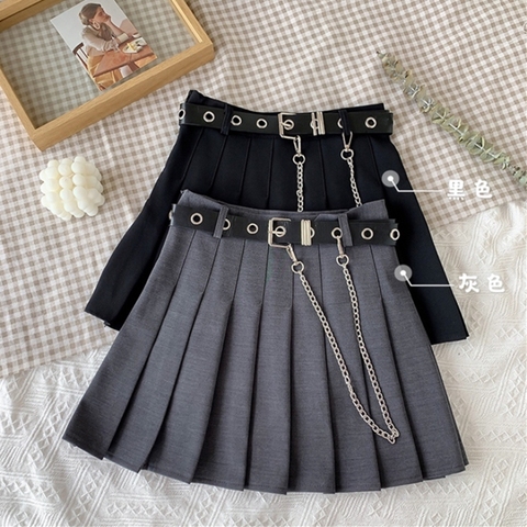 Women's 2022 Summer Korean- Retro High Waist Design Personalized Chain Pleated A- line  school girl skirt  school uniform ► Photo 1/6