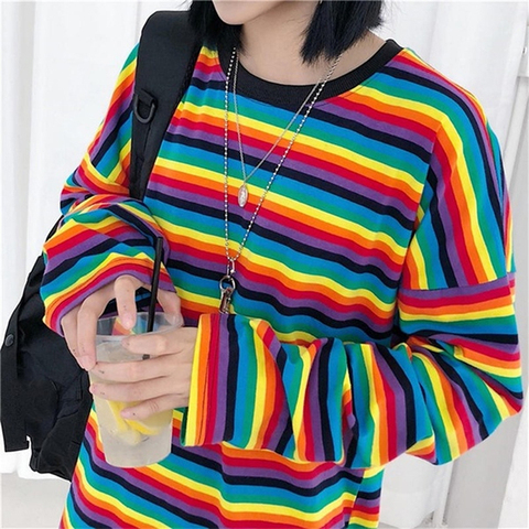 Colorful Women Rainbow Tops Ladies Fashion Striped Knitted Sweater Female Casual Long Sleeve O-neck Pullovers For Women ► Photo 1/6