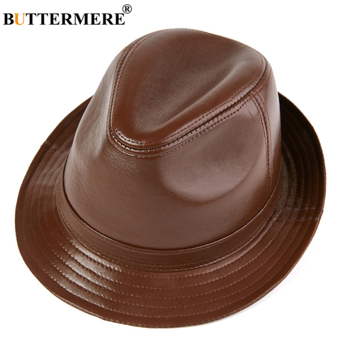 BUTTERMERE Hat Fedora Real Leather Jazz Hat Men Autumn Winter Sheepskin British Style Men's Brown Black Flat Cap ► Photo 1/6