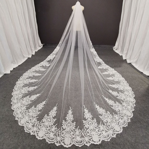 Real Photos Long Lace Bridal Veil with Comb 3.5 Meters 1 Layer Cathedral White Iovry Wedding Veil Wedding Accessories 2022 ► Photo 1/6