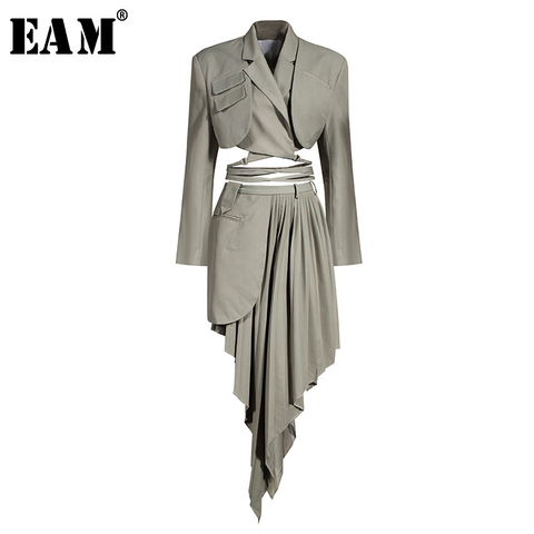 [EAM]  Half-body Skirt Gray Pleated Irregular Two Pieces Suit New Lapel Long Sleeve Loose Women Fashion Spring Autumn 2022 1X728 ► Photo 1/6