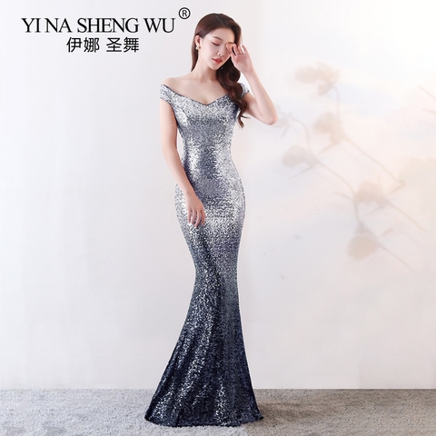 Mermaid Sequin Long Dress Sexy V-neck Off the Shoulder Gradient Color Evening Gown Dress Vestido Abiti Da Cerimonia Avondjurken ► Photo 1/6